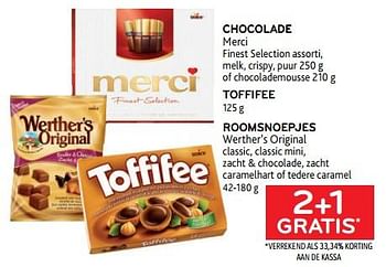Promoties Chocolade merci + toffifee + roomsnoepjes werther’s original 2+1 gratis - Huismerk - Alvo - Geldig van 22/02/2023 tot 07/03/2023 bij Alvo
