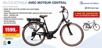 Promotions Vélo électrique avec moteur central - Minerva - Valide de 01/01/2023 à 30/07/2023 chez Hubo