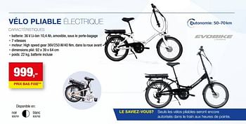 Promotions Vélo pliable électrique - Evobike - Valide de 01/01/2023 à 30/07/2023 chez Hubo