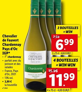 Promotions Chevalier de fauvert chardonnay pays d‘oc igp - Vins blancs - Valide de 27/02/2023 à 04/03/2023 chez Lidl