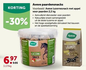 Promoties Aveve luzernesnack met appel voor paarden - Huismerk - Aveve - Geldig van 27/02/2023 tot 12/03/2023 bij Aveve