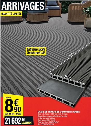 Promotions Lame de terrasse composite grise - Produit Maison - Brico Depot - Valide de 24/02/2023 à 09/03/2023 chez Brico Depot