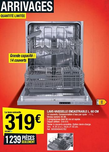 Promotions Lave-vaisselle encastrable - Produit Maison - Brico Depot - Valide de 24/02/2023 à 09/03/2023 chez Brico Depot