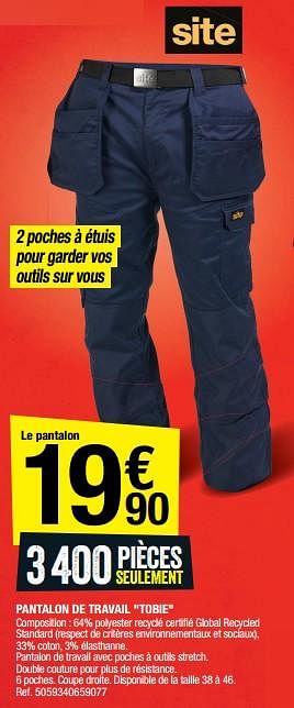 Promotions Pantalon de travail tobie - Site - Valide de 24/02/2023 à 09/03/2023 chez Brico Depot