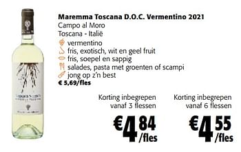 Promoties Maremma toscana d.o.c. vermentino 2021 campo al moro toscana - italië - Witte wijnen - Geldig van 22/02/2023 tot 07/03/2023 bij Colruyt
