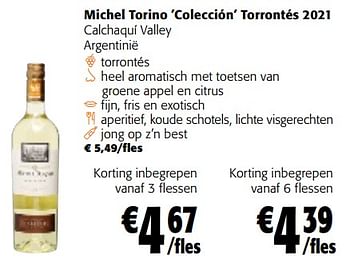 Promoties Michel torino colección torrontés 2021 calchaquí valley argentinië - Witte wijnen - Geldig van 22/02/2023 tot 07/03/2023 bij Colruyt