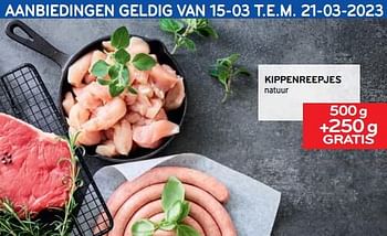 Promoties Kippenreepjes 500g +250g gratis - Huismerk - Alvo - Geldig van 08/03/2023 tot 21/03/2023 bij Alvo