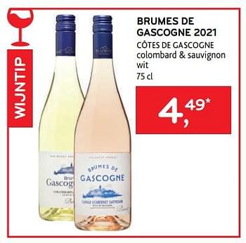 Promoties Brumes de gascogne 2021 côtes de gascogne colombard + sauvignon wit - Witte wijnen - Geldig van 08/03/2023 tot 21/03/2023 bij Alvo