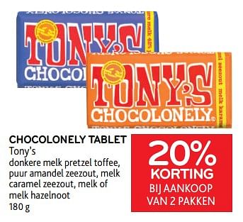 Promoties Chocolonely tablet tony’s 20% korting bij aankoop van 2 pakken - Tony's - Geldig van 08/03/2023 tot 21/03/2023 bij Alvo