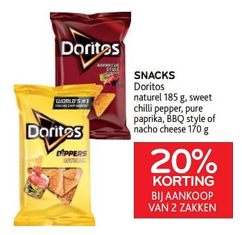 Promoties Snacks doritos 20% korting bij aankoop van 2 zakken - Doritos - Geldig van 08/03/2023 tot 21/03/2023 bij Alvo