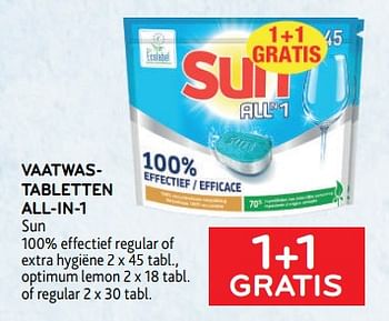 Promoties Vaatwastabletten all-in-1 sun 1+1 gratis - Sun - Geldig van 08/03/2023 tot 21/03/2023 bij Alvo