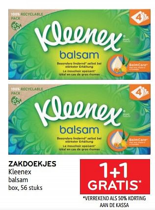Promoties Zakdoekjes kleenex 1+1 gratis - Kleenex - Geldig van 08/03/2023 tot 21/03/2023 bij Alvo