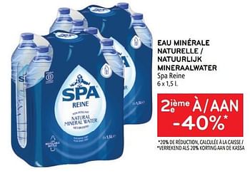 Promotions Eau minérale naturelle spa reine 2ième à -40% - Spa - Valide de 08/03/2023 à 21/03/2023 chez Alvo