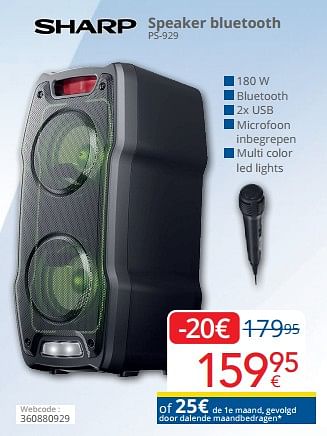Promoties Sharp speaker bluetooth ps-929 - Sharp - Geldig van 01/03/2023 tot 31/03/2023 bij Eldi