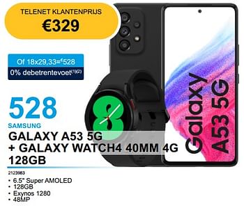 Promoties Samsung galaxy a53 5g + galaxy watch4 40mm 4g 128gb - Samsung - Geldig van 28/02/2023 tot 31/03/2023 bij Auva