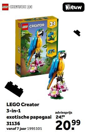 Promoties Lego creator 3-in-1 exotische papegaai 31136 - Lego - Geldig van 01/03/2023 tot 31/03/2023 bij Intertoys