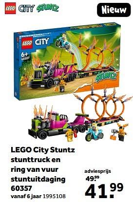 Promoties Lego city stuntz stunttruck en ring van vuur stuntuitdaging 60357 - Lego - Geldig van 01/03/2023 tot 31/03/2023 bij Intertoys