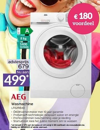 Promoties Aeg wasmachine lf62r840 - AEG - Geldig van 03/03/2023 tot 31/03/2023 bij Selexion