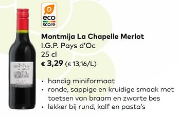 Promoties Montmija la chapelle merlot i.g.p. pays d’oc - Rode wijnen - Geldig van 01/03/2023 tot 31/03/2023 bij Bioplanet