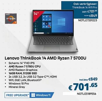 Promoties Lenovo thinkbook 14 amd ryzen 7 5700u - Lenovo - Geldig van 01/03/2023 tot 31/03/2023 bij Compudeals