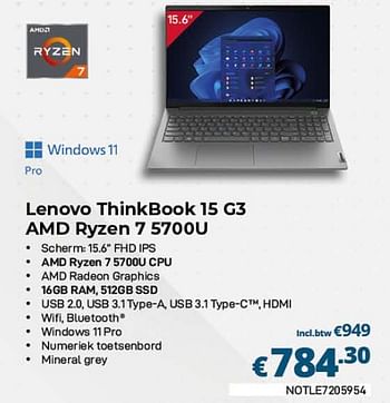 Promoties Lenovo thinkbook 15 g3 amd ryzen 7 5700u - Lenovo - Geldig van 01/03/2023 tot 31/03/2023 bij Compudeals