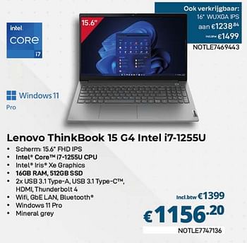 Promoties Lenovo thinkbook 15 g4 intel i7-1255u - Lenovo - Geldig van 01/03/2023 tot 31/03/2023 bij Compudeals