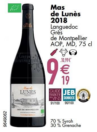 Promoties Mas de lunès 2018 languedoc grès de montpellier aop md - Rode wijnen - Geldig van 07/03/2023 tot 03/04/2023 bij Cora