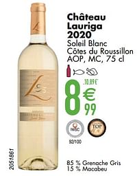 Château lauriga 2020 soleil blanc côtes du roussillon aop mc-Witte wijnen