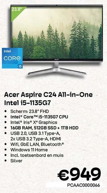 Promoties Acer aspire c24 all-in-one intel i5-1135g7 - Acer - Geldig van 01/03/2023 tot 31/03/2023 bij Compudeals