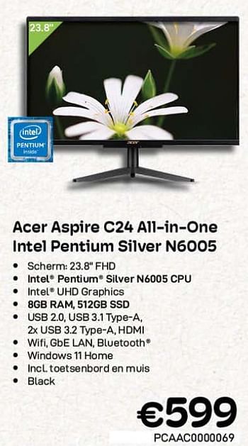 Promoties Acer aspire c24 all-in-one intel pentium silver n6005 - Acer - Geldig van 01/03/2023 tot 31/03/2023 bij Compudeals