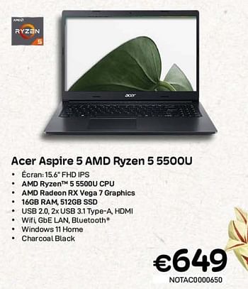 Promotions Acer aspire 5 amd ryzen 5 5500u - Acer - Valide de 01/03/2023 à 31/03/2023 chez Compudeals