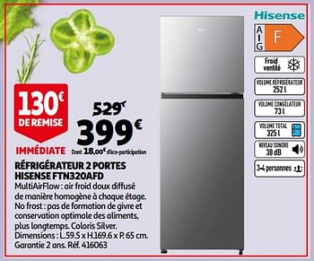 Promotions Réfrigérateur 2 portes hisense ftn320afd - Hisense - Valide de 07/03/2023 à 20/03/2023 chez Auchan Ronq