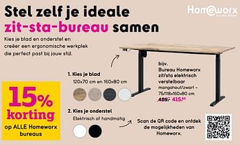 Promoties Bureau homeworx zit-sta elektrisch verstelbaar - Huismerk - Leen Bakker - Geldig van 06/03/2023 tot 16/04/2023 bij Leen Bakker