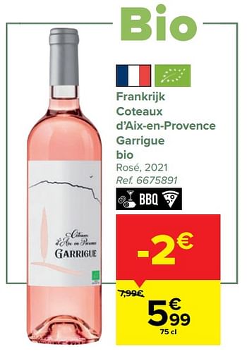Promoties Frankrijk coteaux d’aix-en-provence garrigue bio rosé - Rosé wijnen - Geldig van 08/03/2023 tot 27/03/2023 bij Carrefour