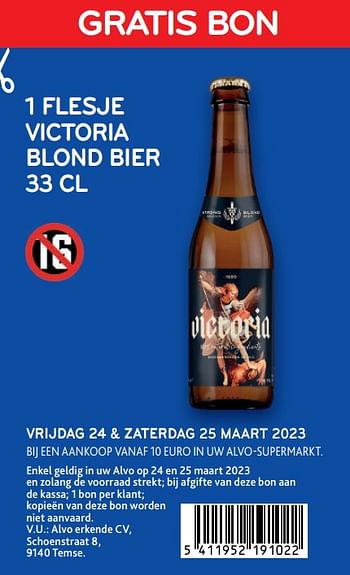 Promoties Gratis bon 1 flesje victoria blond bier - Victoria - Geldig van 24/03/2023 tot 25/03/2023 bij Alvo