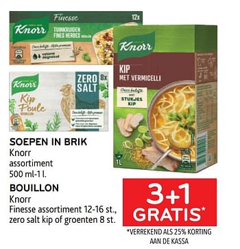 Promotions Soepen in brik knorr + bouillon knorr 3+1 gratis - Knorr - Valide de 22/03/2023 à 04/04/2023 chez Alvo