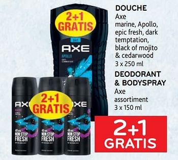 Promoties Douche axe + deodorant + bodyspray axe 2+1 gratis - Axe - Geldig van 22/03/2023 tot 04/04/2023 bij Alvo