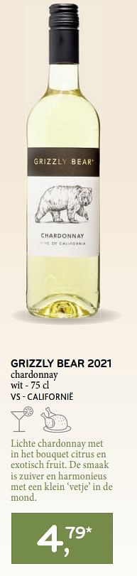 Promoties Grizzly bear 2021 chardonnay wit - Witte wijnen - Geldig van 22/03/2023 tot 04/04/2023 bij Alvo