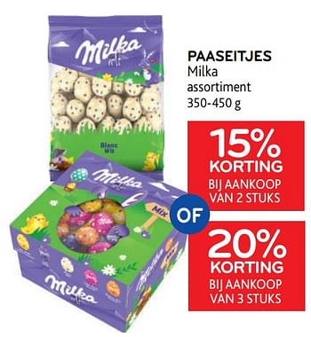 Promoties Paaseitjes milka 15% korting bij aankoop van 2 stuks of 20% korting bij aankoop van 3 stuks - Milka - Geldig van 22/03/2023 tot 04/04/2023 bij Alvo