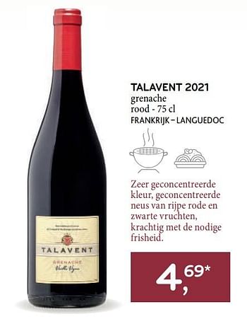 Promotions Talavent 2021 grenache rood - Vins rouges - Valide de 22/03/2023 à 04/04/2023 chez Alvo