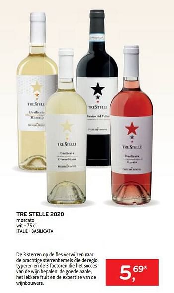 Promotions Tre stelle 2020 moscato wit - Vins blancs - Valide de 22/03/2023 à 04/04/2023 chez Alvo