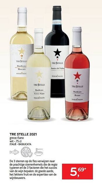 Promotions Tre stelle 2021 greco-fiano wit - Vins blancs - Valide de 22/03/2023 à 04/04/2023 chez Alvo