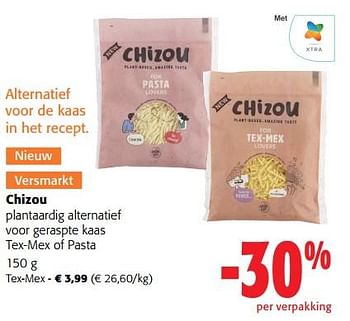 Promoties Chizou plantaardig alternatief voor geraspte kaas tex-mex - Chizou - Geldig van 08/03/2023 tot 21/03/2023 bij Colruyt