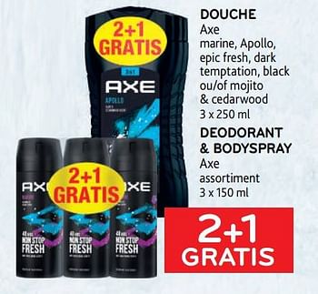 Promoties Douche axe + deodorant + bodyspray axe 2+1 gratis - Axe - Geldig van 22/03/2023 tot 04/04/2023 bij Alvo