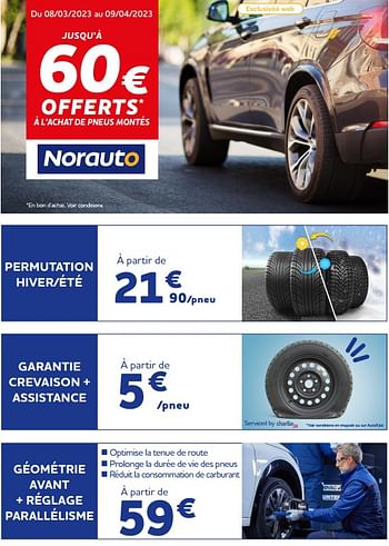 Promoties Jusqu’à 60€ offerts à l’achat de pneus montés - Norauto - Geldig van 09/03/2023 tot 09/05/2023 bij Auto 5