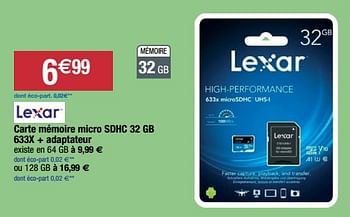 Promotions Lexar carte mémoire micro sdhc 32 gb 633x + adaptateur - Lexar - Valide de 14/03/2023 à 19/03/2023 chez Migros