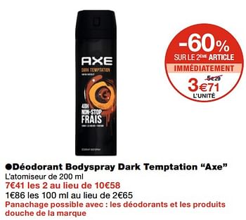 Promotions Déodorant bodyspray dark temptation axe - Axe - Valide de 15/03/2023 à 26/03/2023 chez MonoPrix