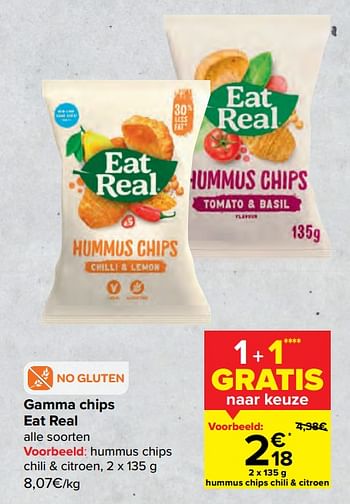 Promoties Hummus chips chili + citroen - Eat Real - Geldig van 15/03/2023 tot 27/03/2023 bij Carrefour
