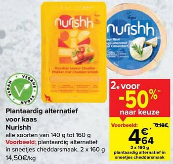 Promoties Plantaardig alternatief in sneetjes cheddarsmaak - Nurishh - Geldig van 15/03/2023 tot 27/03/2023 bij Carrefour