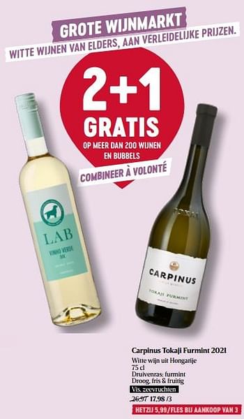 Promoties Carpinus tokaji furmint 2021 witte wijn uit hongarije - Witte wijnen - Geldig van 16/03/2023 tot 22/03/2023 bij Delhaize